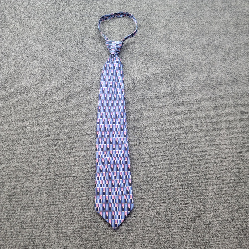 Umo Lorenzo Mens Blue Pink Geometric Silk Zipper Tie Pre-Tied Necktie Hand Made